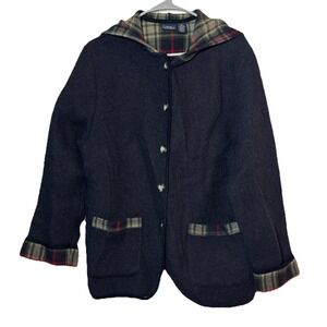 Sonoma Jean Co Women's Wool‎ Blend Jacket Hoodie Plaid Lined Medium Charcoal